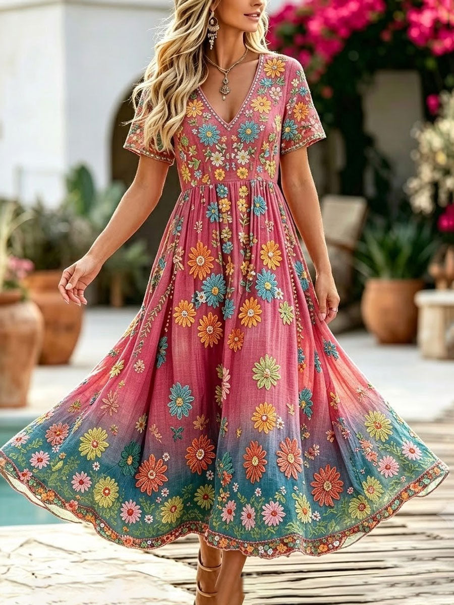 Women'S Retro Hippie Floral Art Pattern V Neck Short Sleeve Maxi Dress