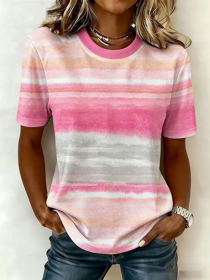 Women'S Pink Stripe Art Breast Cancer Awareness Print T-Shirt