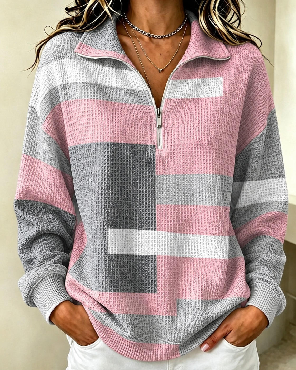 Women's Casual Geometric Pattern Zipper Lapel Top