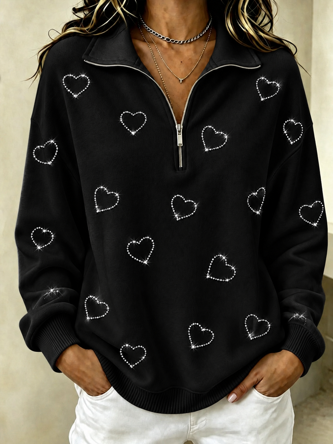 Women's Heart-Shaped Hot Stamping Zipper Sports Shirt
