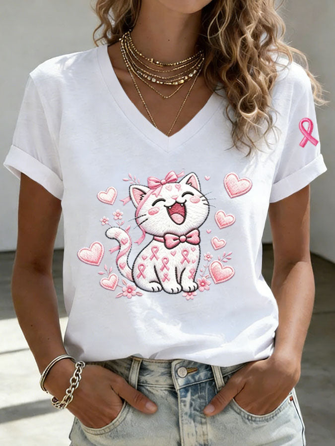 Women's Breast Cancer Awareness Cute Cat Print T-shirt