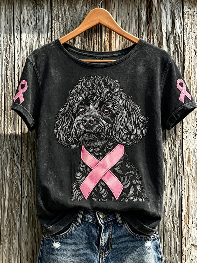 Women'S Breast Cancer Cute Dog Pattern Printed Casual Short-Sleeve T-Shirt