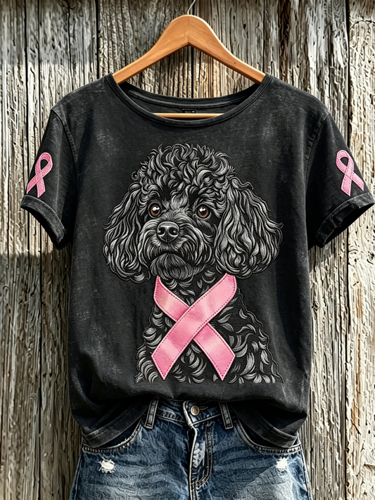 Women'S Breast Cancer Cute Dog Pattern Printed Casual Short-Sleeve T-Shirt