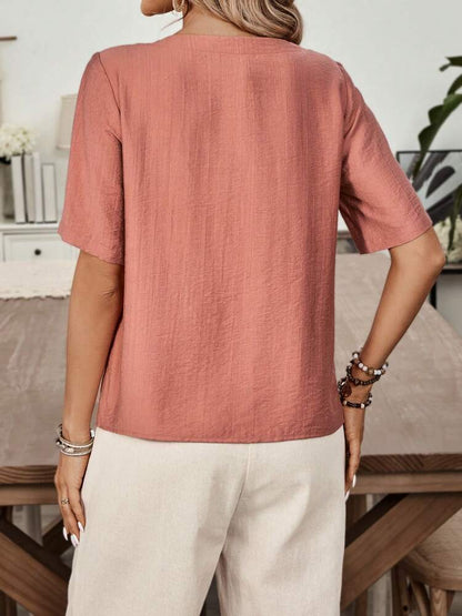 Women's Round Neck Flower Embroidery Casual Short Sleeve Shirt, Summer
