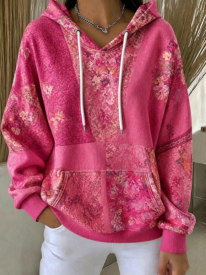 Women'S Casual Pink Floral Hoodie