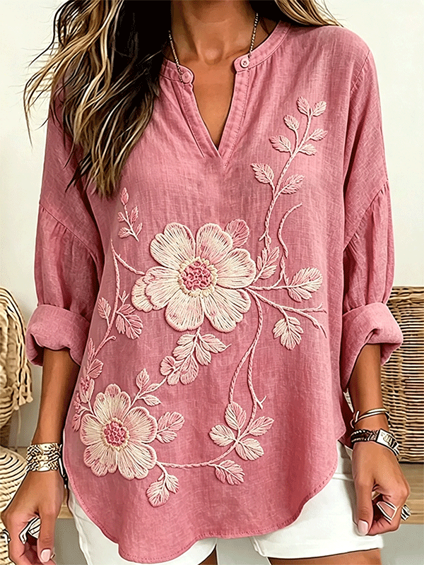 Women's Large Floral Embroidered Henley Neck Linen Blouse