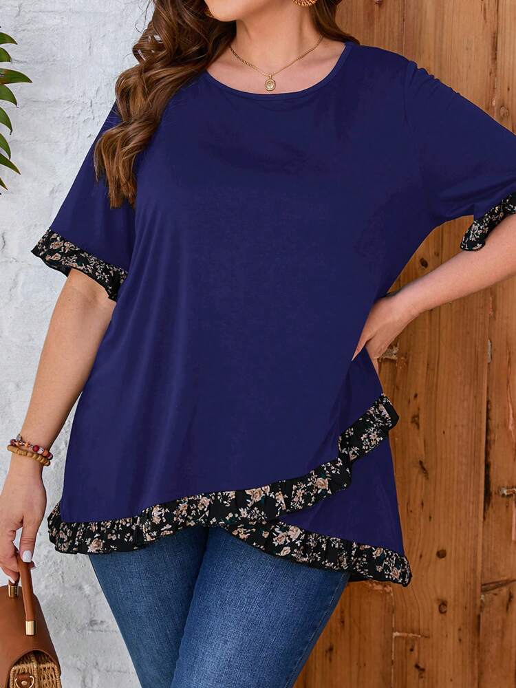 Plus Size Women's Summer Floral Printed Round Neck Short Sleeve Casual T-Shirt