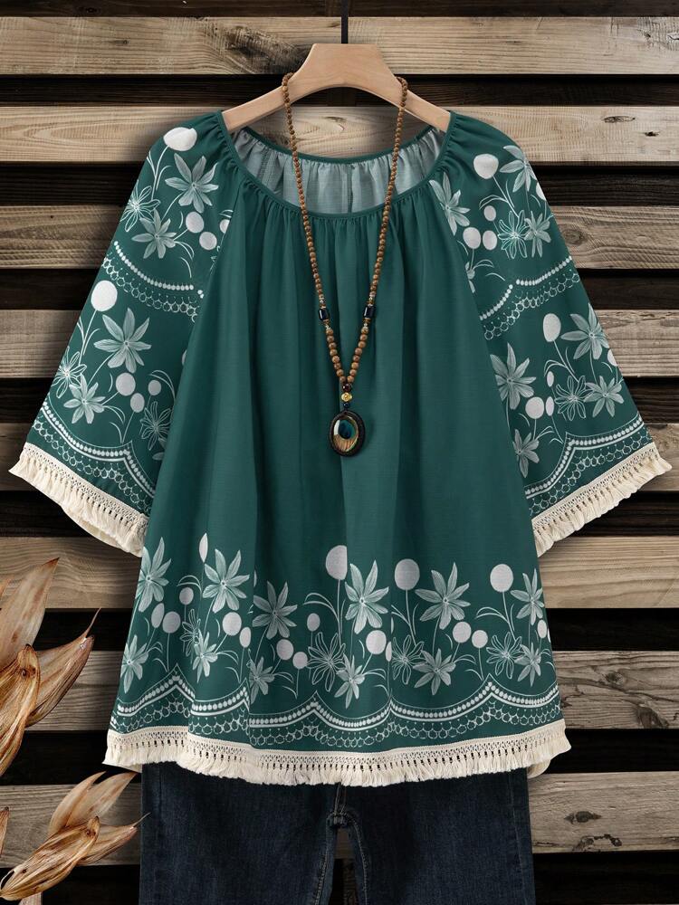 Plus Size Round Neck Floral Print Summer Casual Holiday Shirt