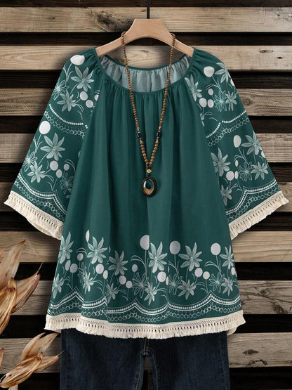 Plus Size Round Neck Floral Print Summer Casual Holiday Shirt