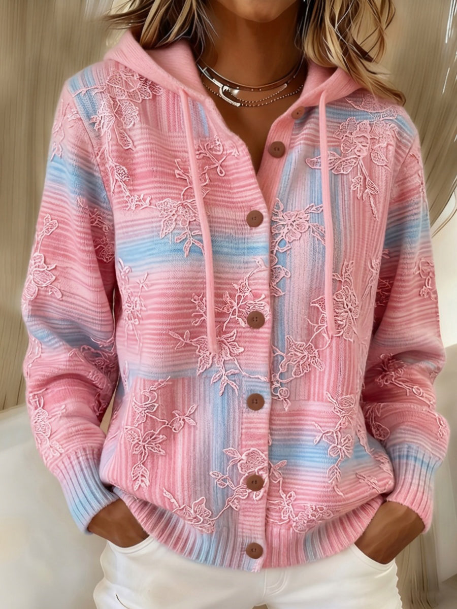 Women's Pink Gradient Pattern Hooded Knit Sweatshirt