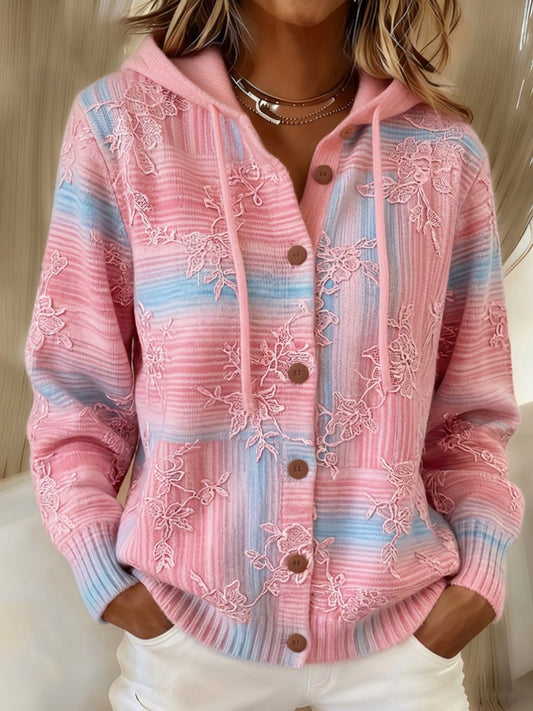 Women's Pink Gradient Pattern Hooded Knit Sweatshirt