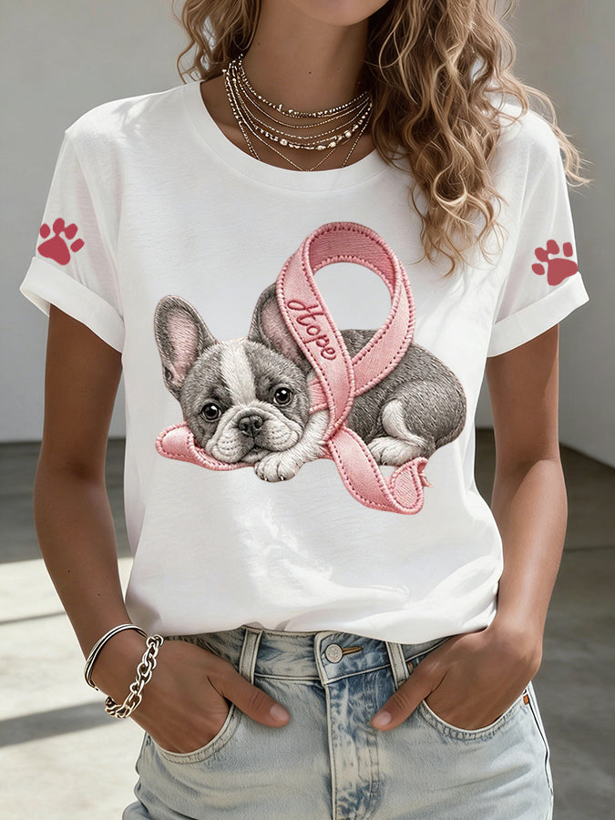Women'S Hope Pink Ribbon French Bulldog&Paw Prints Round Neck Top
