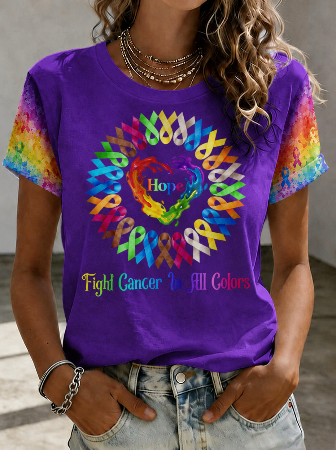 Women Hope Heart All Color Cancer Ribbons Fight Cancer T-Shirt