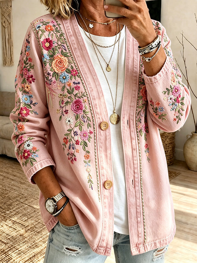 Women'S Pink Embroidered Floral Print Casual Cardigan
