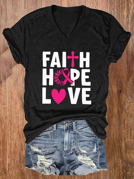 Women'S Breast Cancer Awareness Faith Hope Love Printed T-Shirt