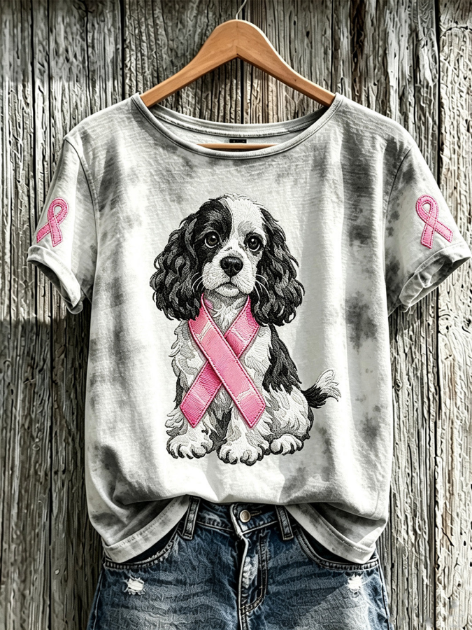 Women'S Breast Cancer Cute Dog Pattern Printed Casual Short-Sleeve T-Shirt