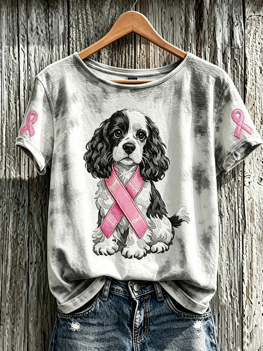 Women'S Breast Cancer Cute Dog Pattern Printed Casual Short-Sleeve T-Shirt