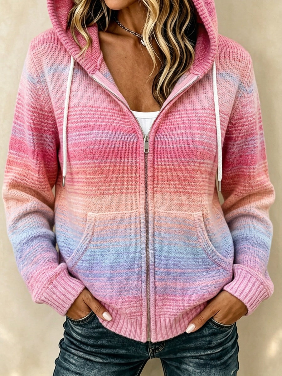Women's Striped Gradient Pattern Hooded Knit Cardigan