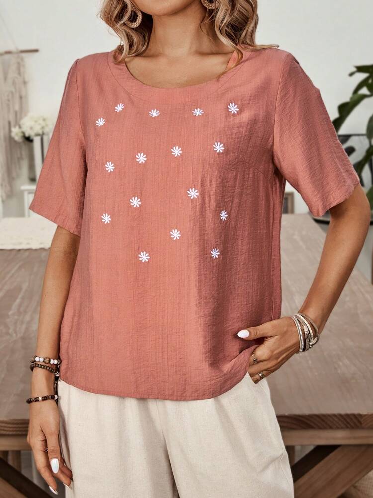 Women's Round Neck Flower Embroidery Casual Short Sleeve Shirt, Summer