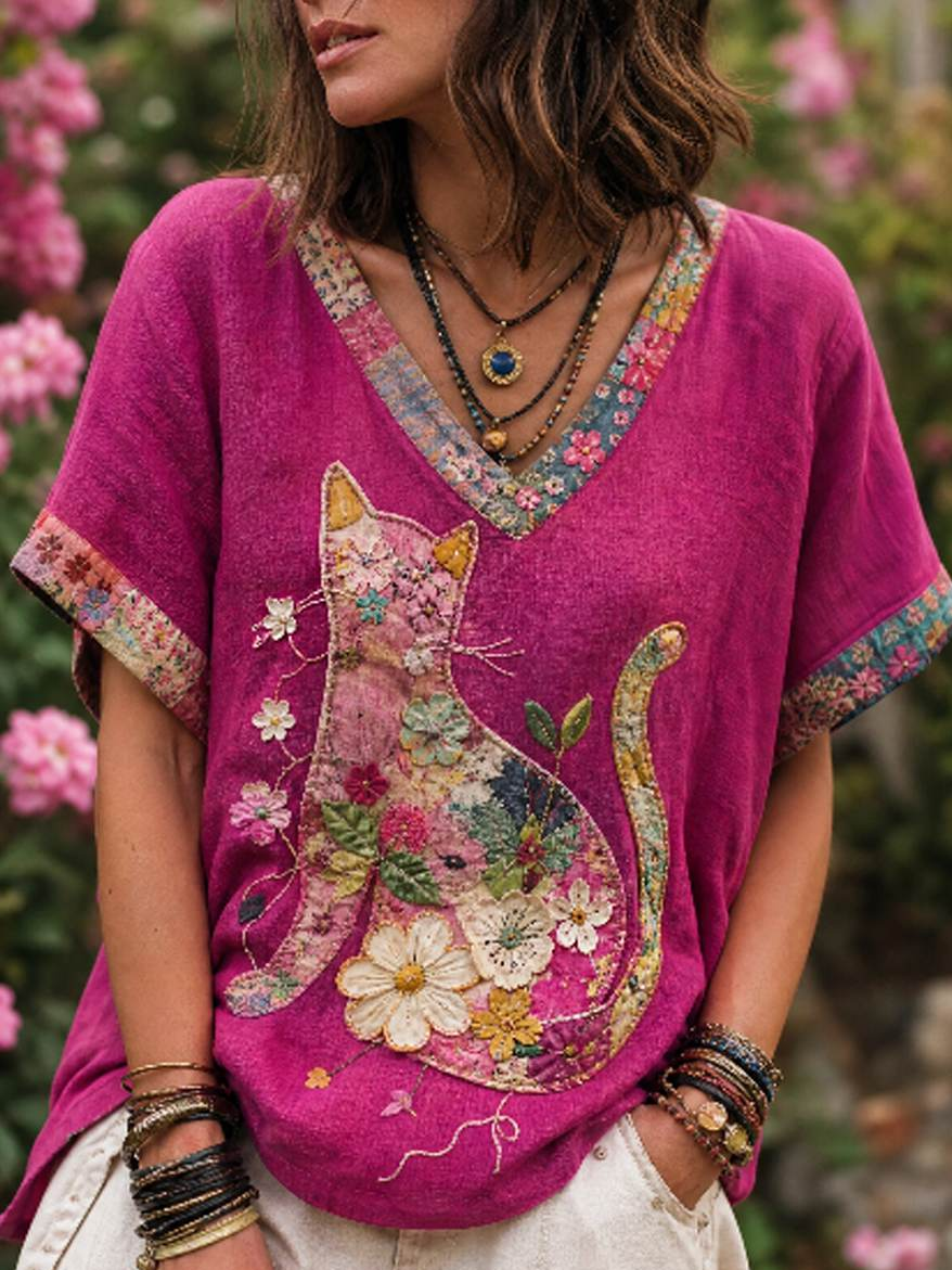 Ladies’ Pink Cat Print Casual Top