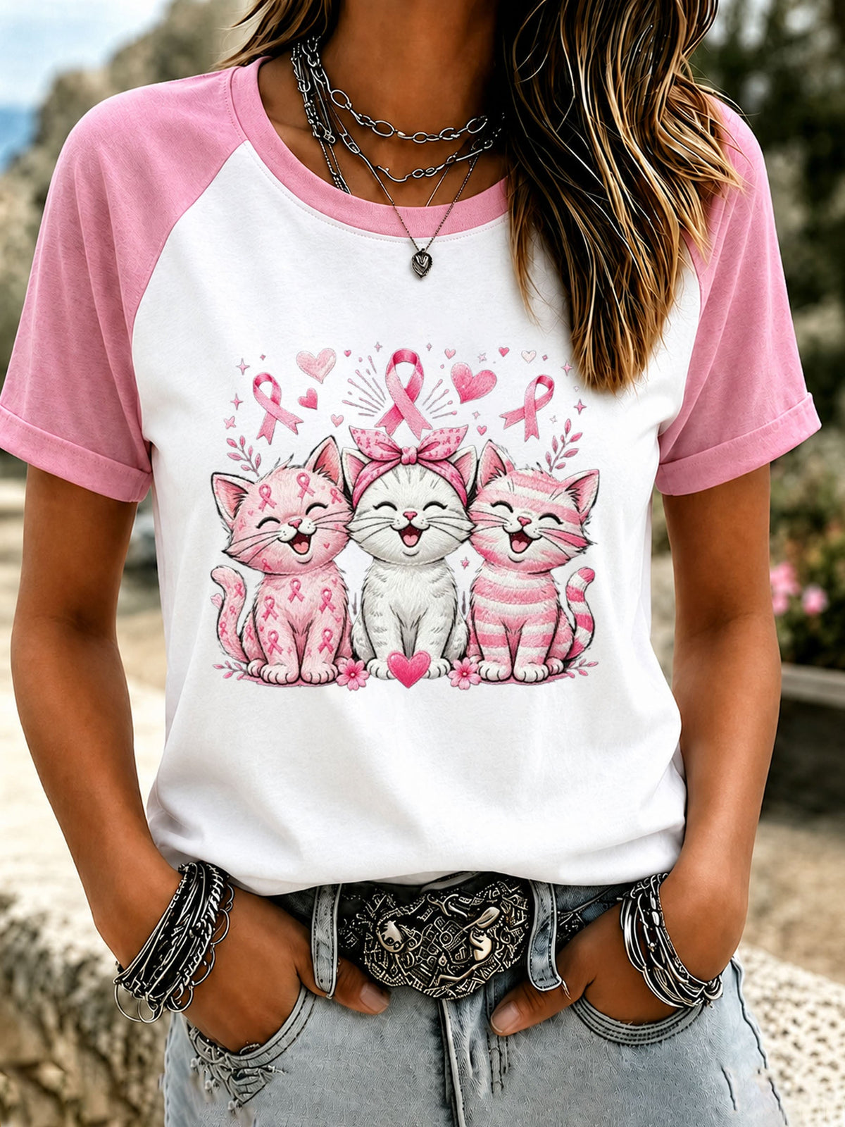 Women'S Cute Cat Breast Cancer Awareness Print Casual T-Shirt