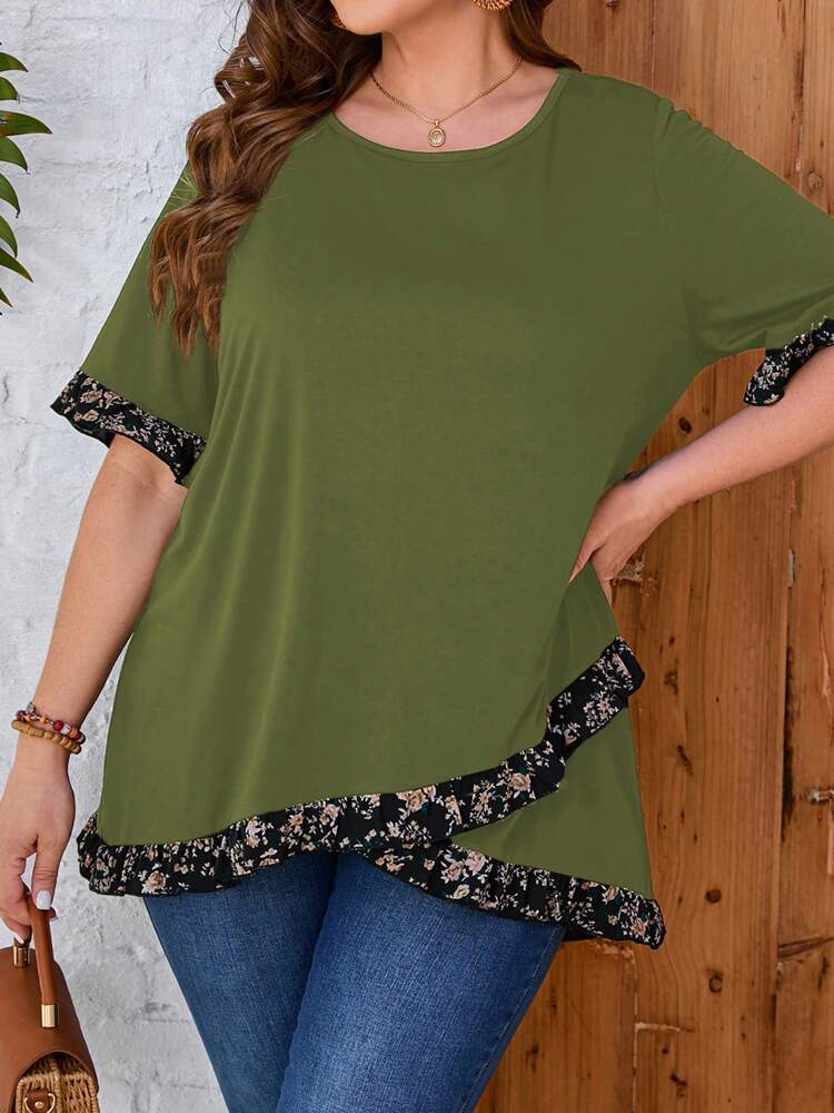 Plus Size Women's Summer Floral Printed Round Neck Short Sleeve Casual T-Shirt