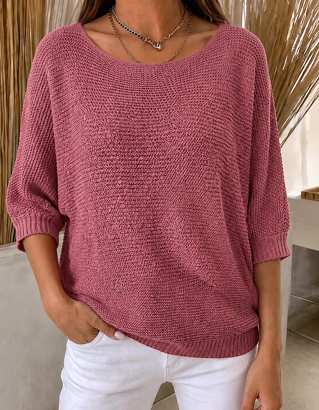 Women'S Solid Color Multi-Color Round Neck Knitted Sweater With Seven Quarter Sleeve Top