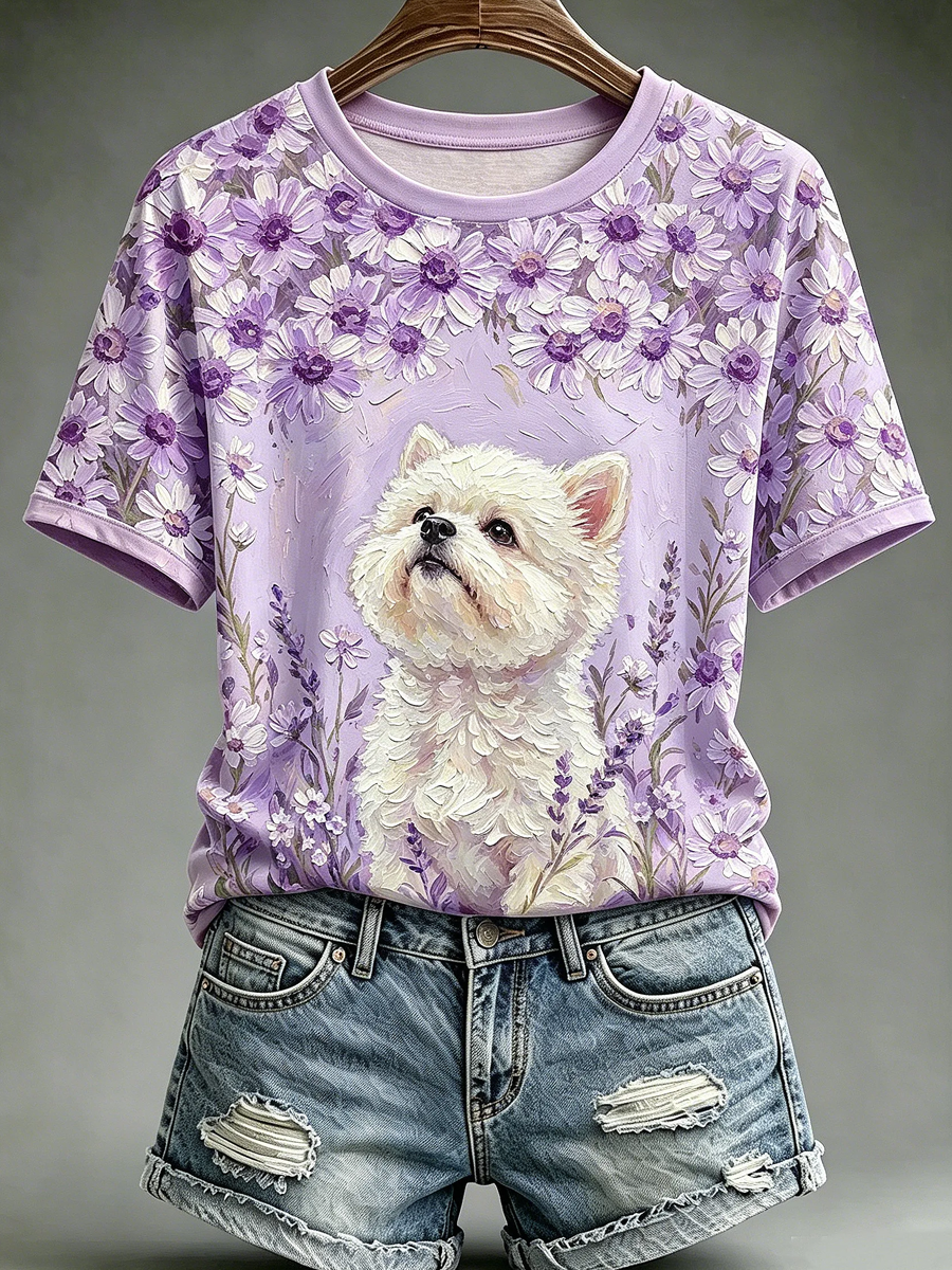 Women's Oil Painting Animal Dog Printed Vintage Fashion Loose Short Sleeve T-Shirt