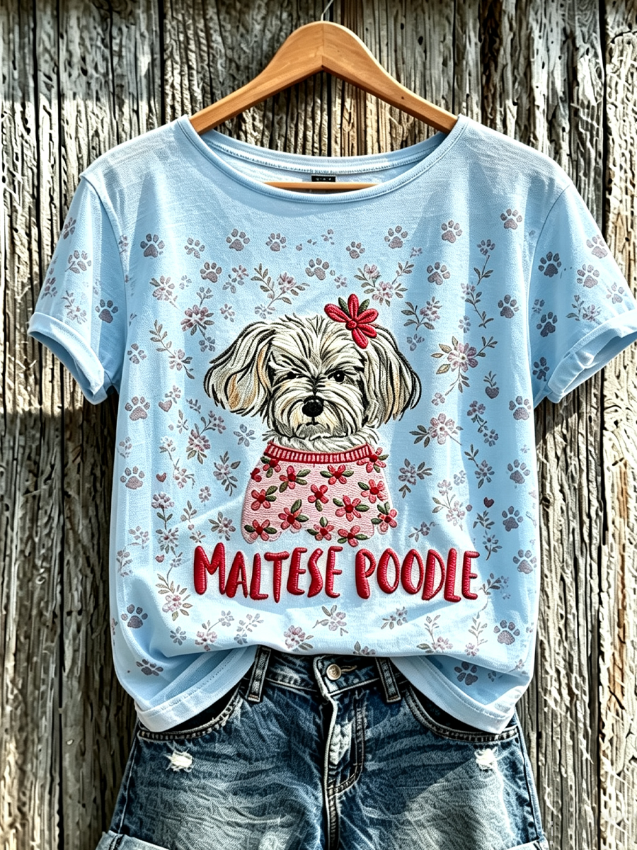 Women'S Animal Dog Floral Print Fashionable Short Sleeved Shirt