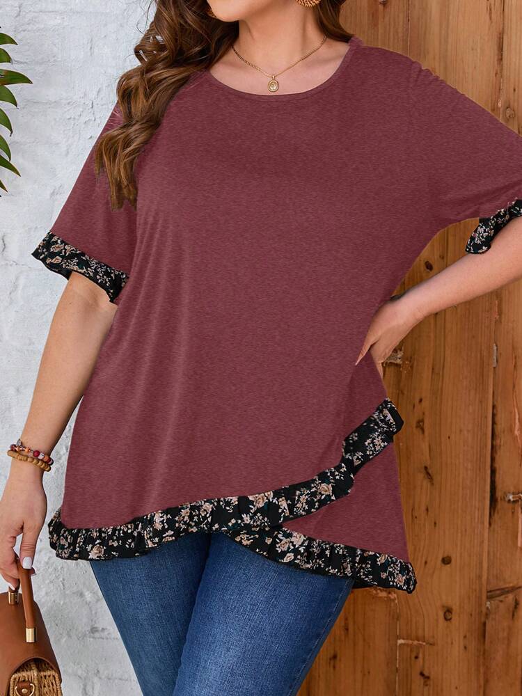 Plus Size Women's Summer Floral Printed Round Neck Short Sleeve Casual T-Shirt