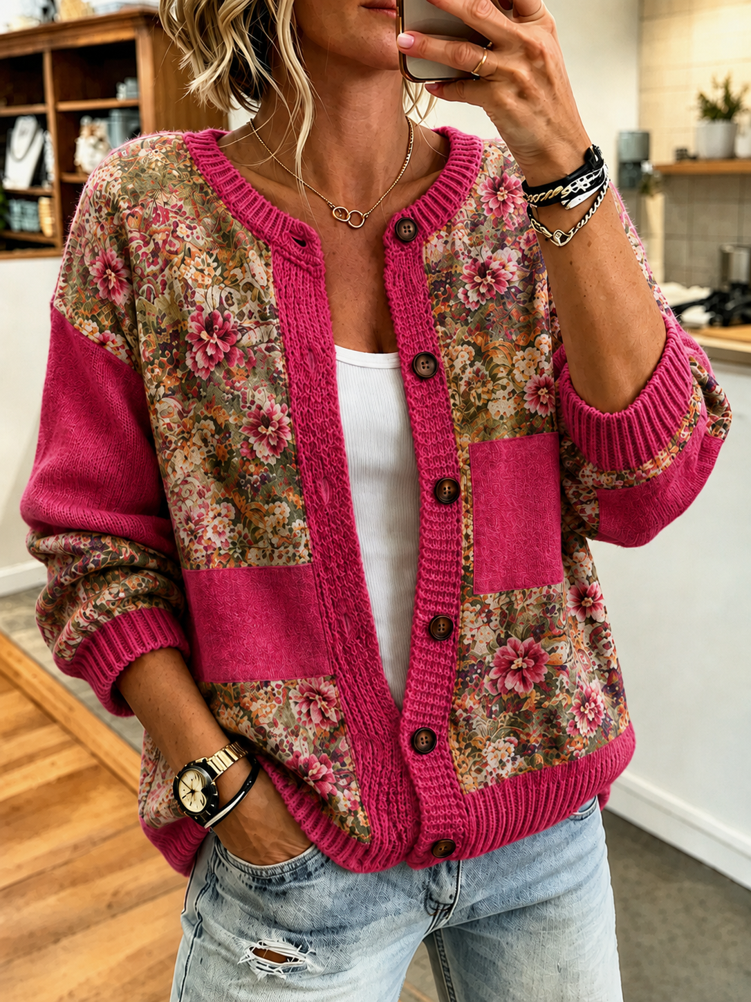 Ladies' Casual Southern Floral Knitted Cardigan Top