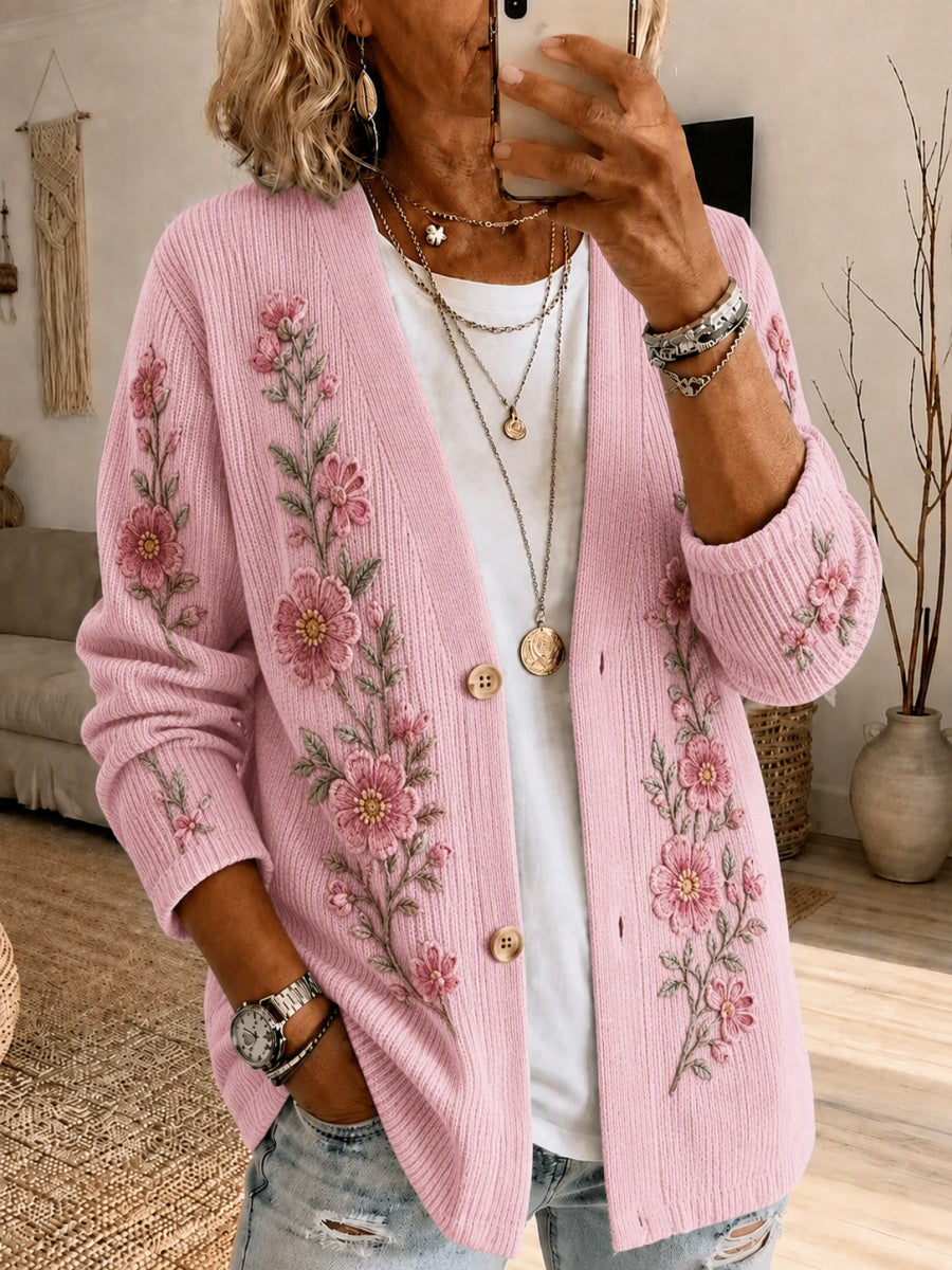Women's Pink Floral Pattern Knit Cardigan