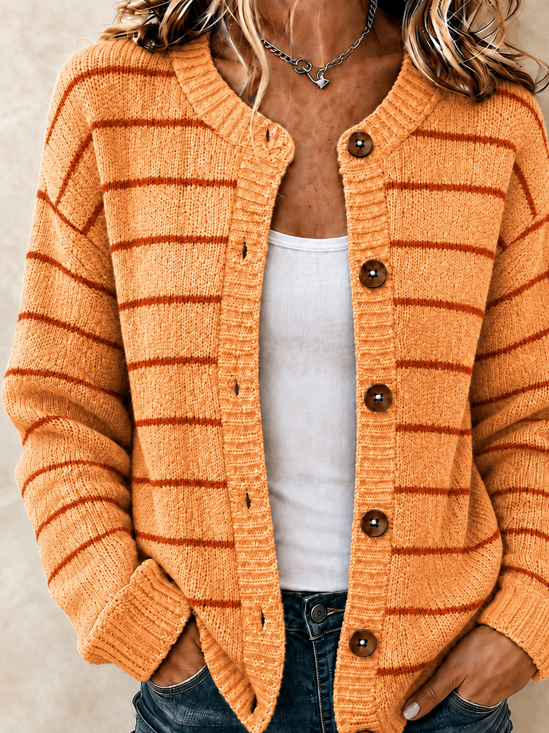 Women'S Casual Retro Striped Knitted Cardigan Top