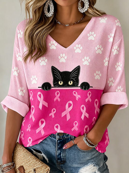 Women's Breast Cancer Awareness Cat Color Block Print Waffle T-shirt