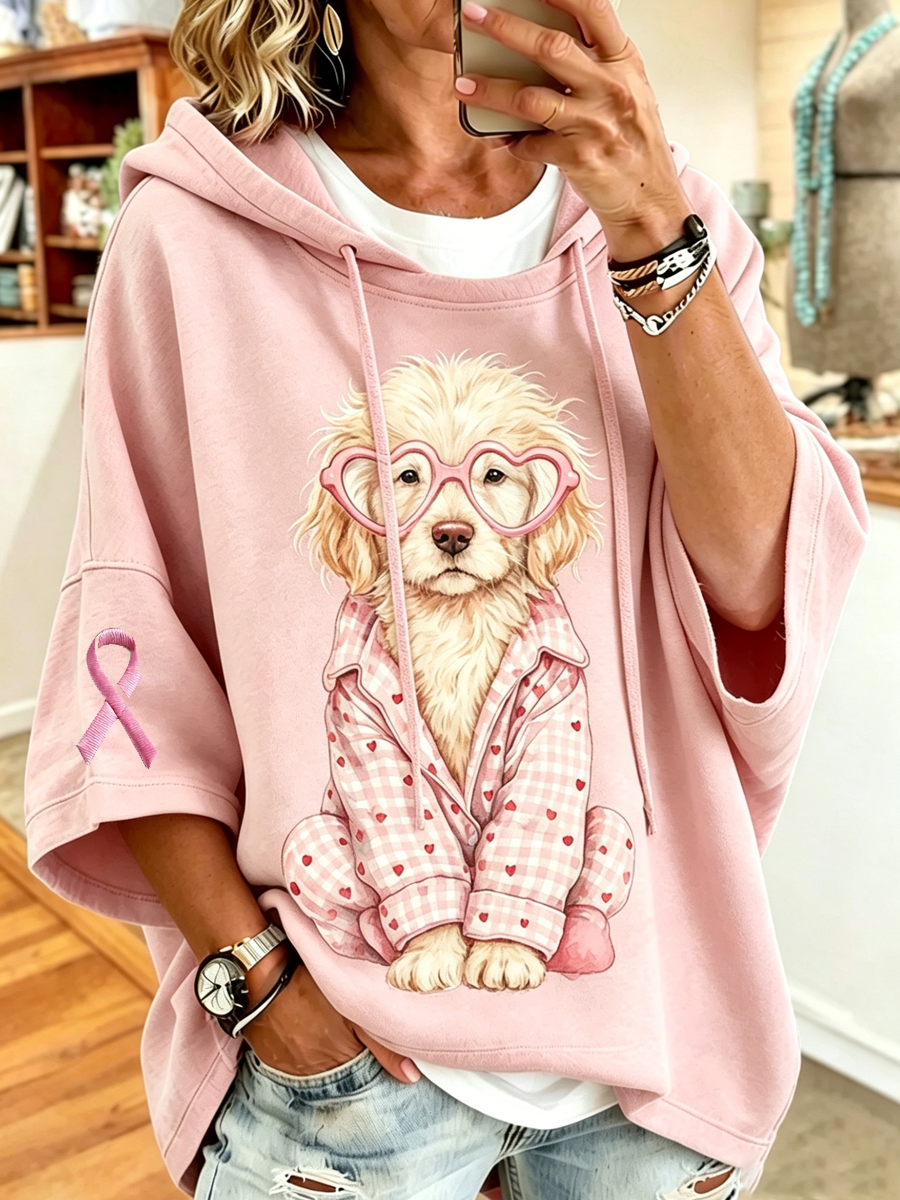Women'S Casual Animal Dog Pink Hooded Sweatshirt