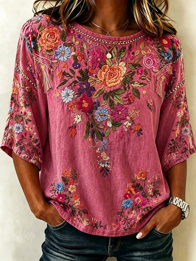 Women'S Pink Art Printed Round Neck Top