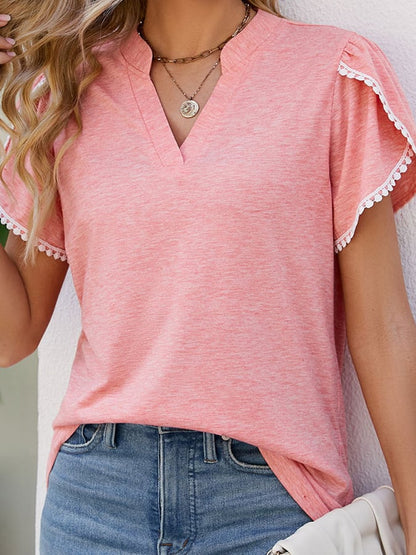 Solid V-neck Lace Short Sleeve Casual Top
