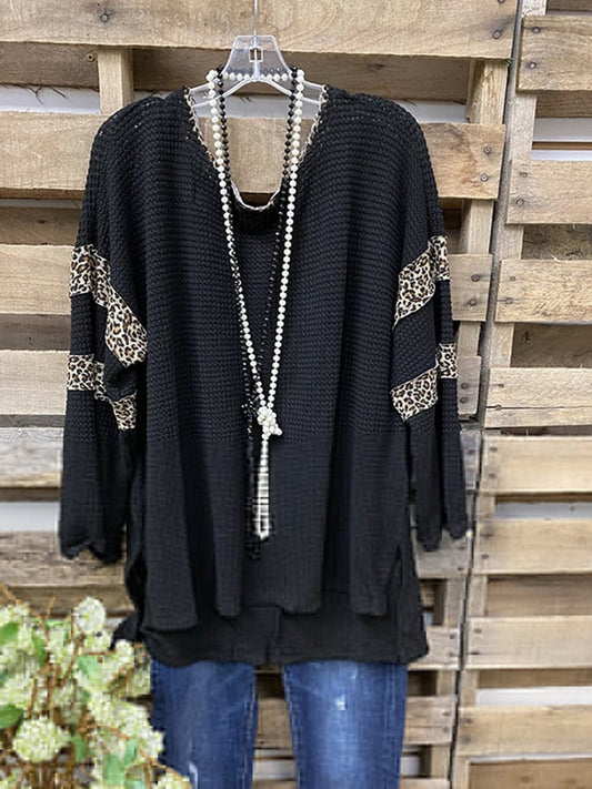 European And American Style Leopard Stitching Design Waffle Long-Sleeved Shirt