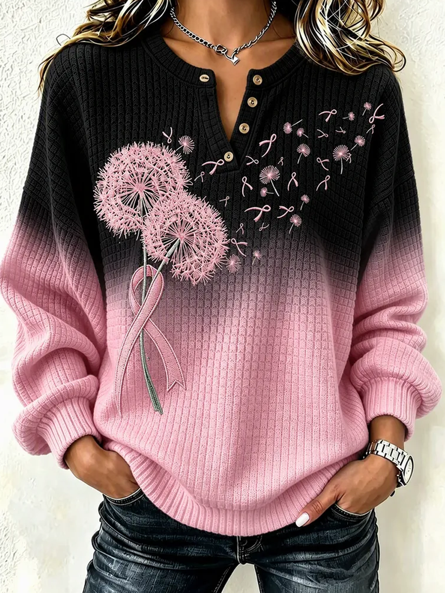 Women's Casual Knit Top with Breast Cancer Print and Button Collar