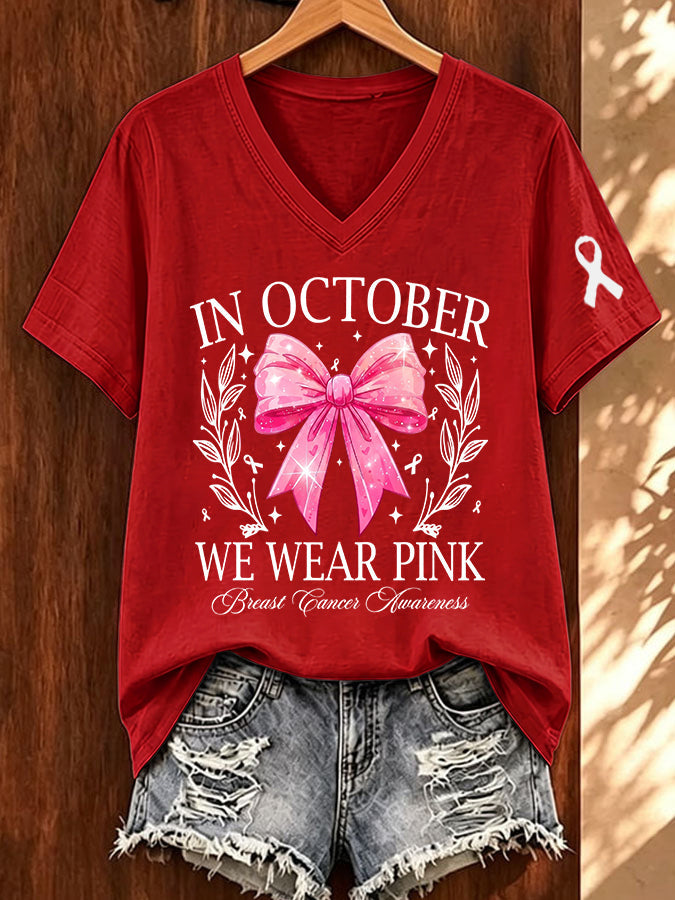 Women'S Breast Cancer Awareness Together We Fight We Win Bow Coquette Printed T-Shirt