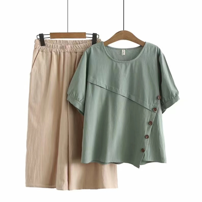 2024 Summer New Arrival Button 2 Pieces Suit Loose Cotton Linen
