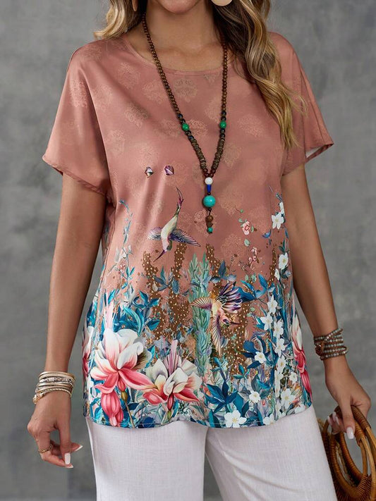 Women's Short Sleeve Round Neck T-Shirt With Bird, Plants And Flowers Print
