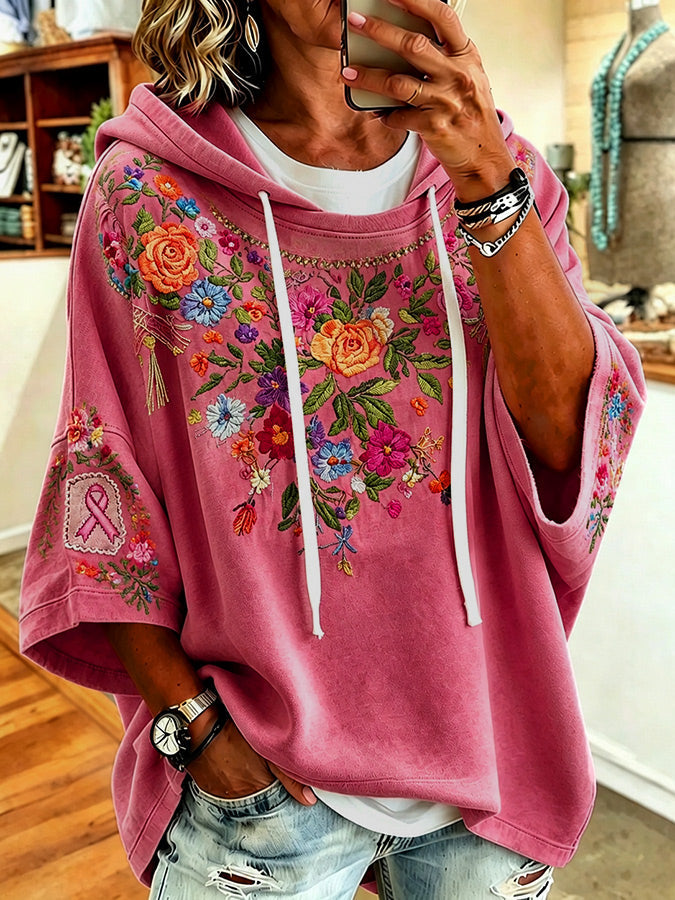 Women'S Casual Floral Loose Hooded Sweatshirt