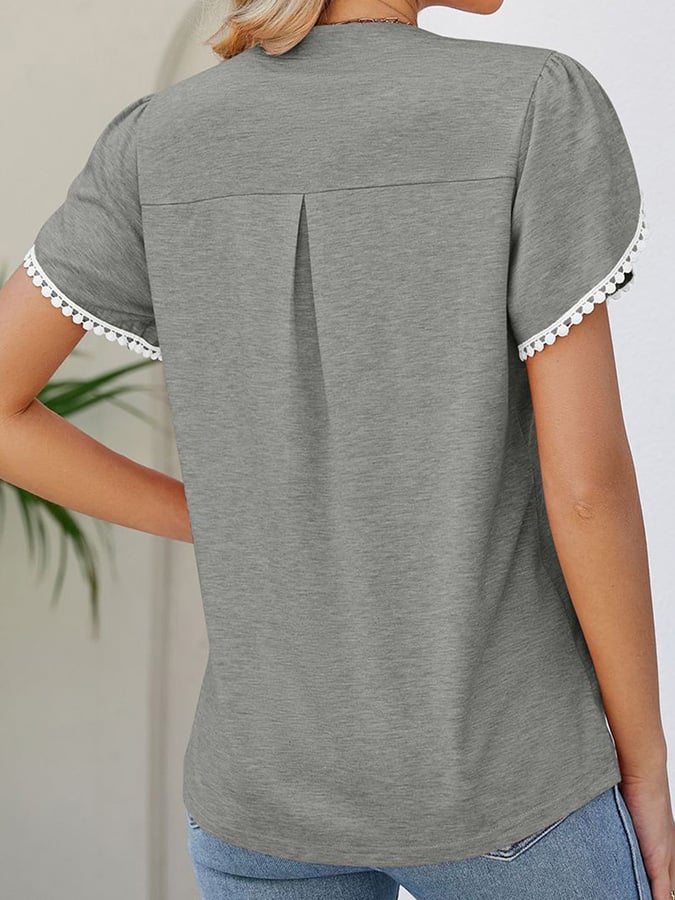 Solid V-neck Lace Short Sleeve Casual Top