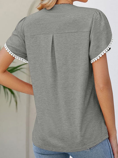 Solid V-neck Lace Short Sleeve Casual Top