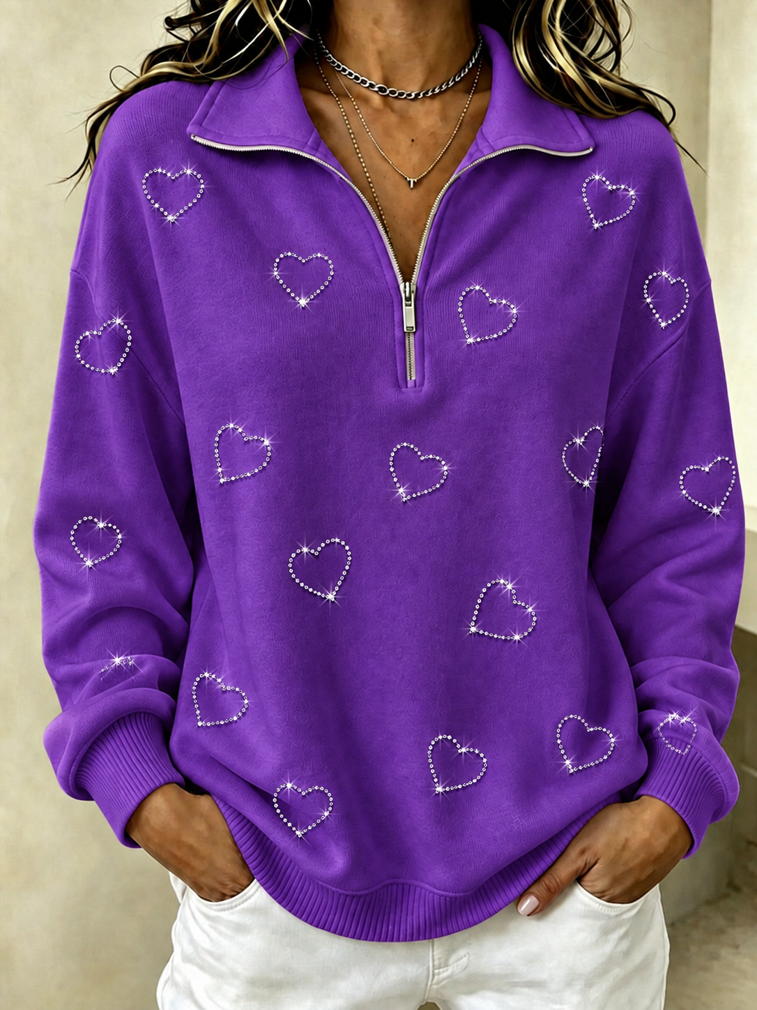 Women's Heart-Shaped Hot Stamping Zipper Sports Shirt