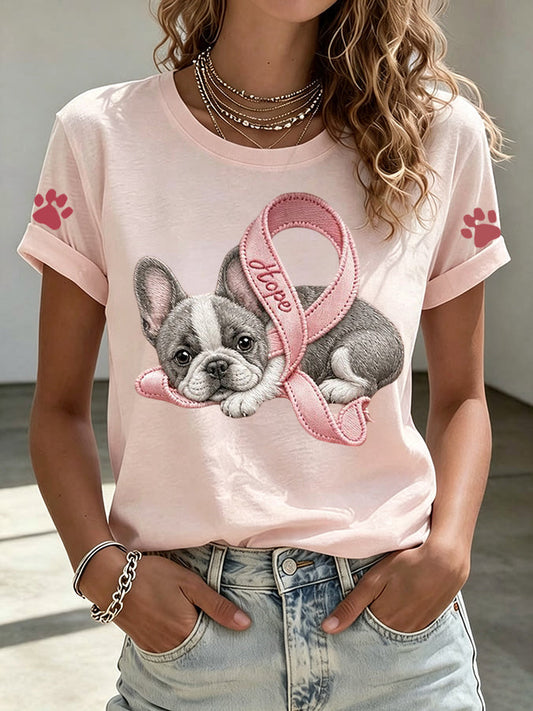 Women'S Hope Pink Ribbon French Bulldog&Paw Prints Round Neck Top