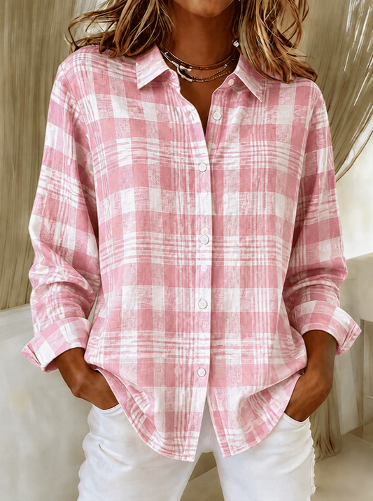 Women'S Pink Striped Printed Lapel Long Sleeved Shirt
