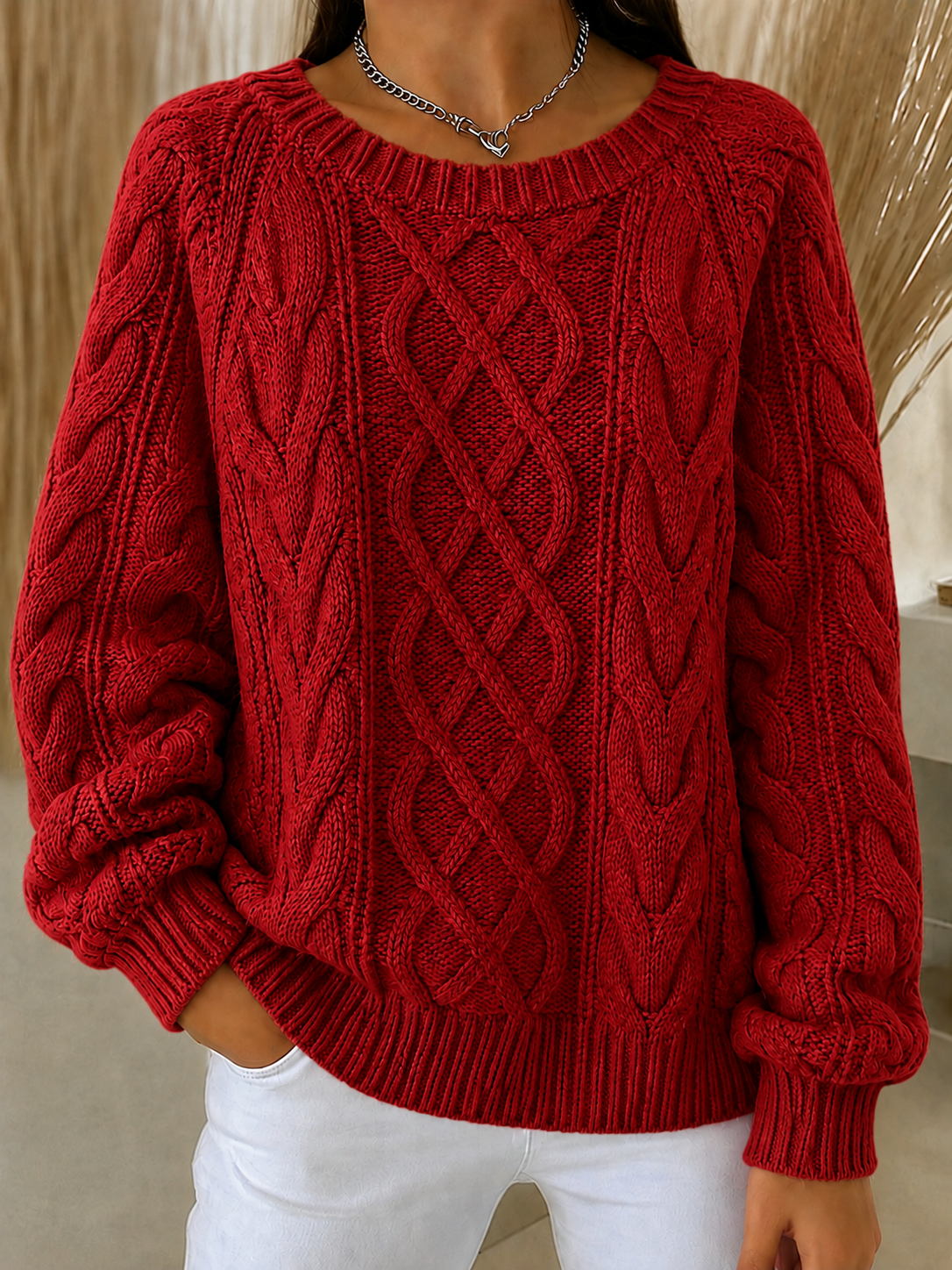 Women'S Loose Thick Twisted Solid Color Knitted Sweater