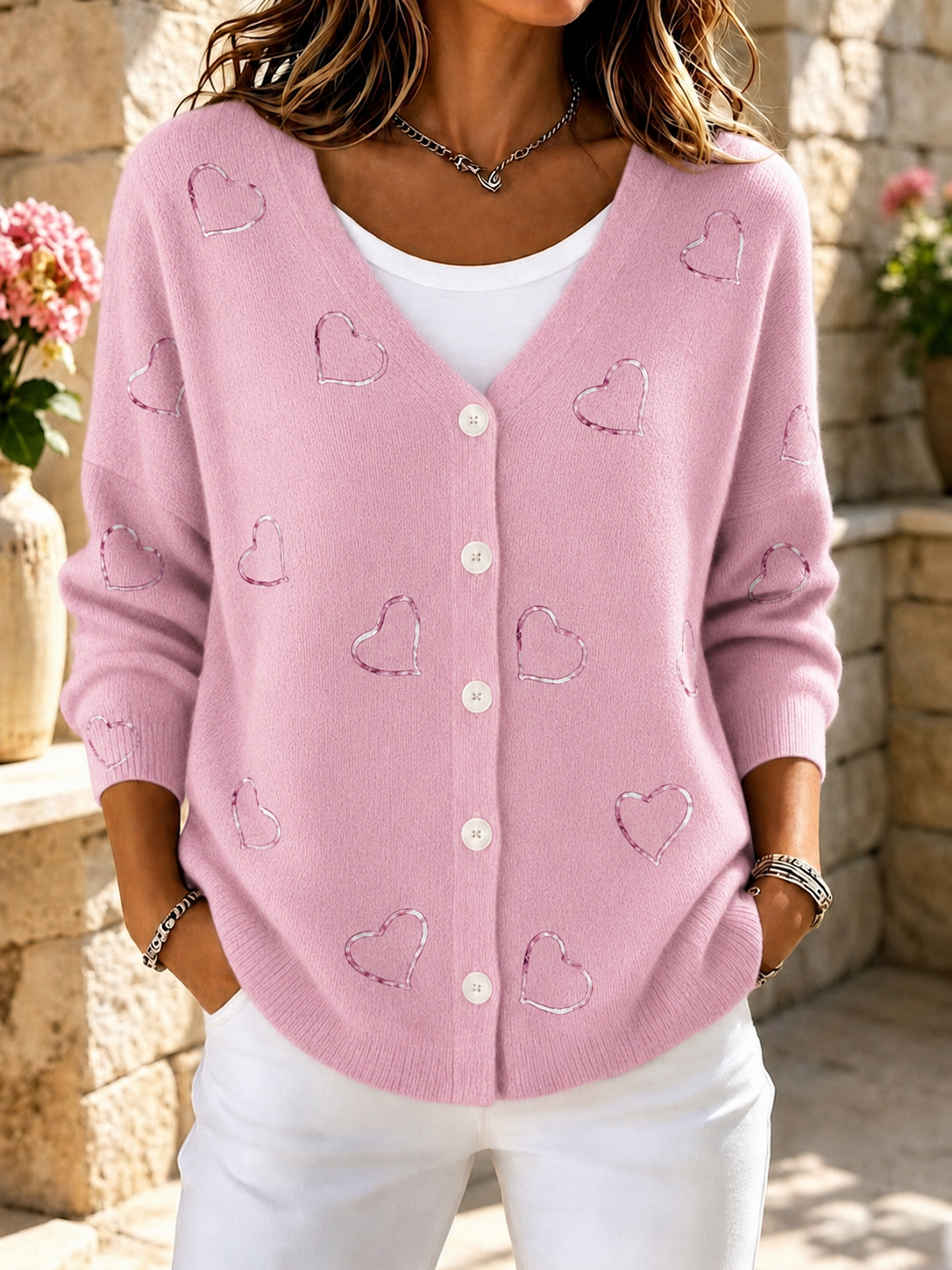 Women'S Heart-Shaped Pattern Casual Cardigan